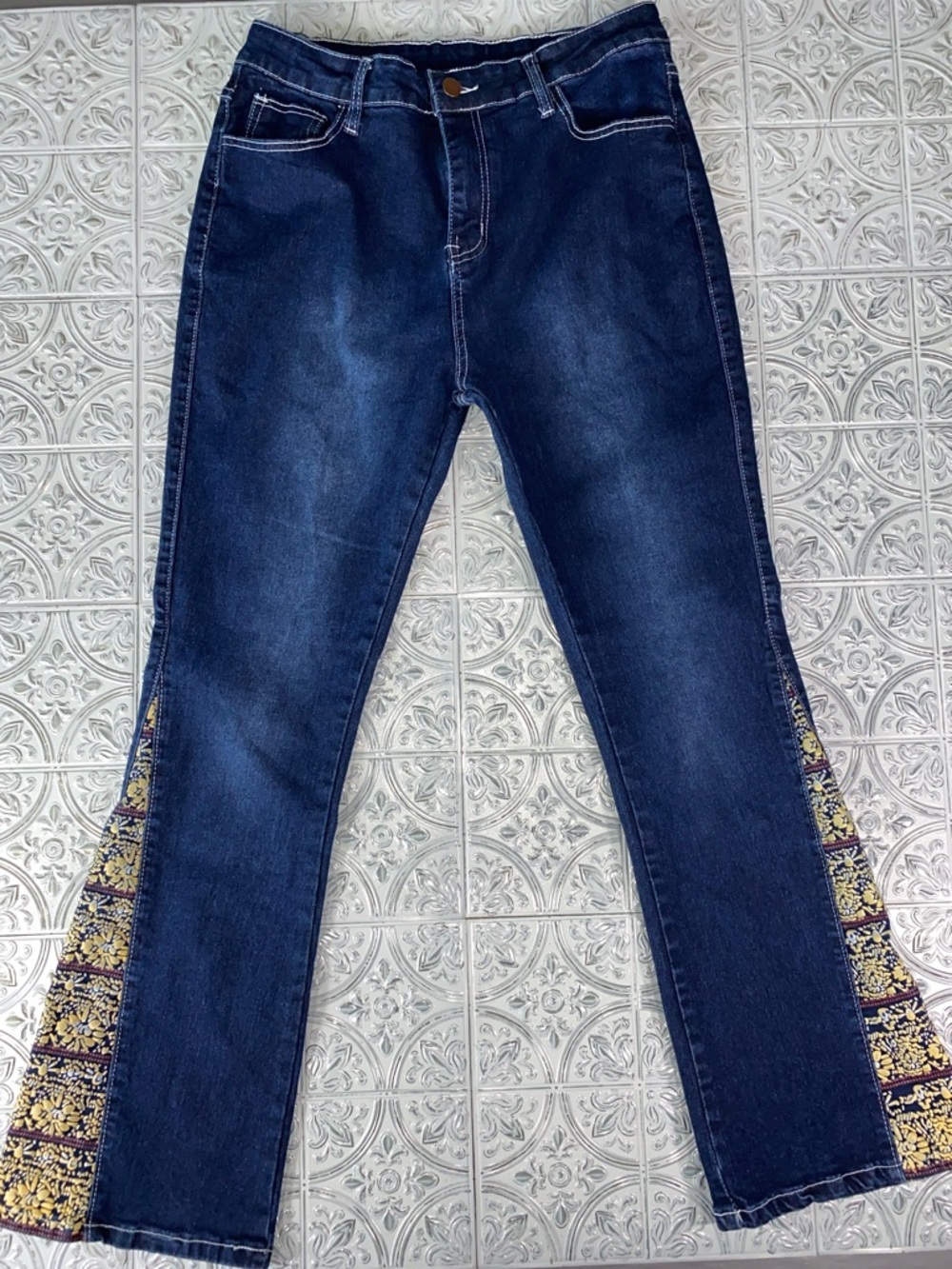 Dark Blue Women's High Rise Flared Jeans with Patterned Side Panels Size 30